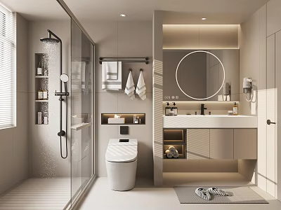 Modern Bathroom Interior With Glass Shower Enclosure Round Mirror Smart Toilet And Vanity Counter 3d model