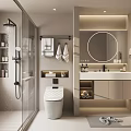 Modern Bathroom Interior With Glass Shower Enclosure Round Mirror Smart Toilet And Vanity Counter