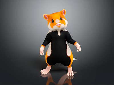 Cute Orange And White Hamster Standing With Black Outfit On Reflective Surface 3d model