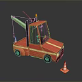 Red Functional Truck Featuring Green Crane Arm And Traffic Cones Design