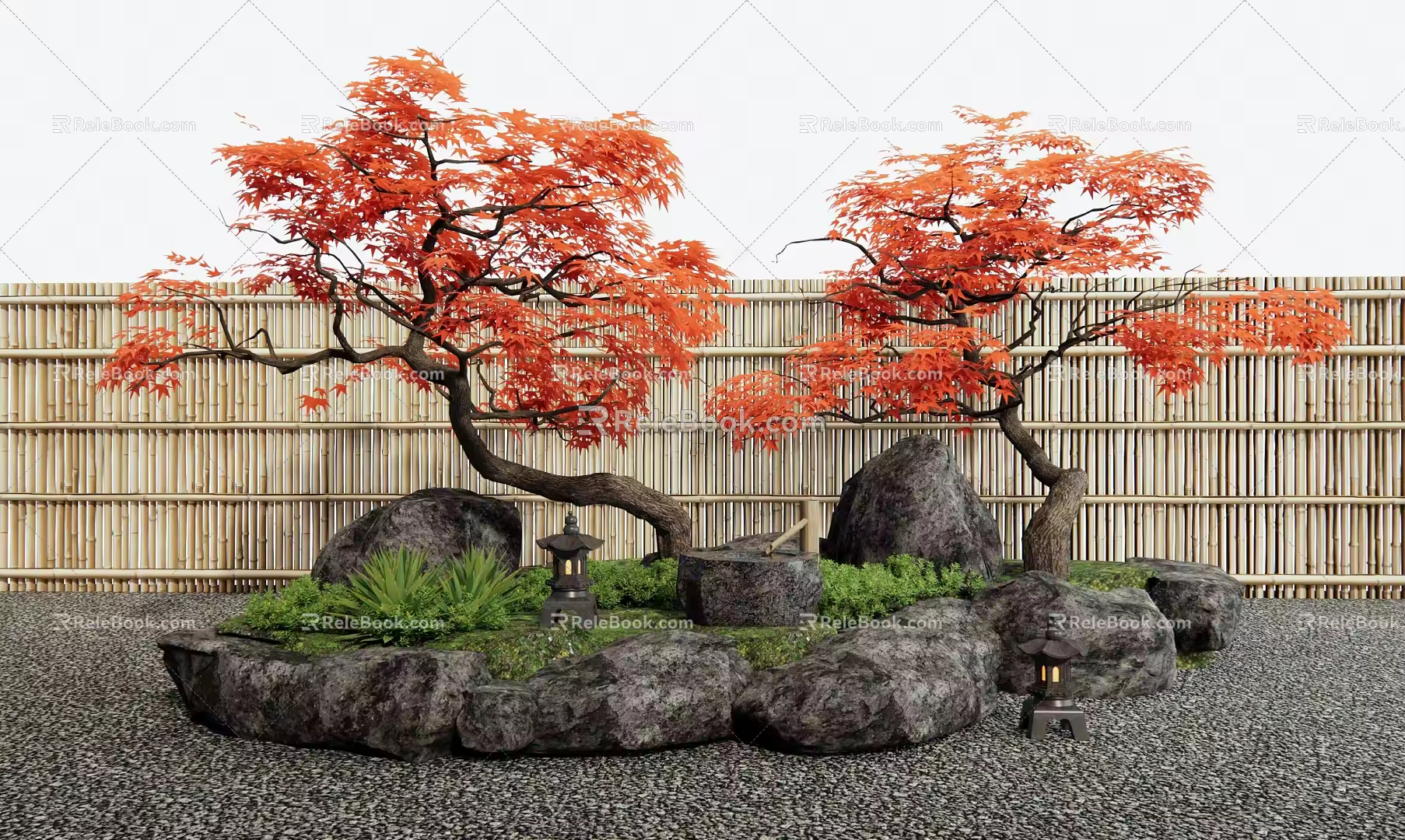 Red maple landscape tree courtyard sketch landscape stone 3d model