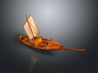 Wooden Sailboat Model With Cloth Sail And Wooden Hull On Dark Background 3d model