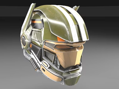 Futuristic Military Style Helmet 3D Model With Green White Stripes Orange Accents And Metallic Visor 3d model