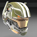 Futuristic Military Style Helmet 3D Model With Green White Stripes Orange Accents And Metallic Visor