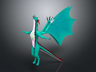 Teal Dragon Character Design With Large Wings And Red Tail Accents 3d model