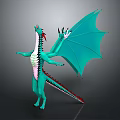 Teal Dragon Character Design With Large Wings And Red Tail Accents