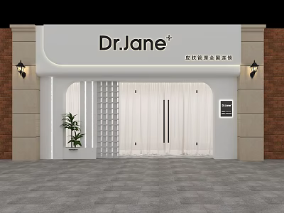 Dr.Jane Specialty Store Exterior With White Facade Brick Stone Walls And Wall Lamps 3d model