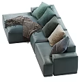 Dark Green Leather Sectional Sofa With Plush Cushions And Throw Blanket 3d model