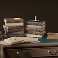 Vintage Wooden Desk with Stacked Books Antique Lamps and Leather Chair