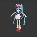 Children's Cute Anime Style Doll With Blue Hair Red White Hat And Maid Outfit