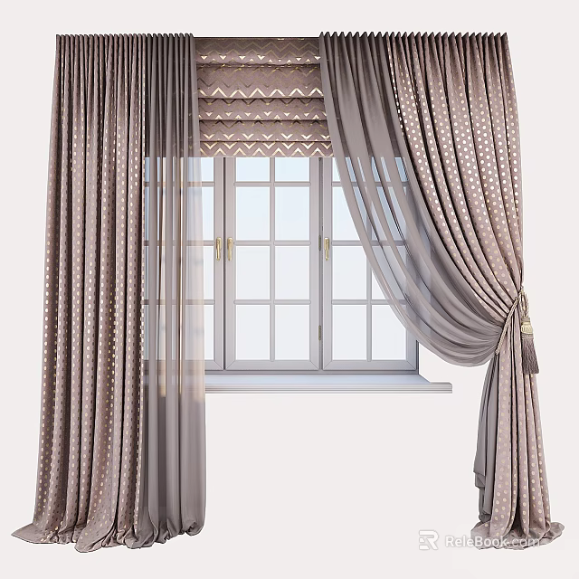 Beige Dotted Curtains With Grey Sheer Panels And Tiebacks For Double Glass Window 3d model 