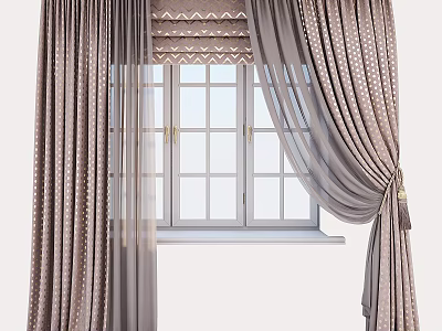 Beige Dotted Curtains With Grey Sheer Panels And Tiebacks For Double Glass Window 3d model