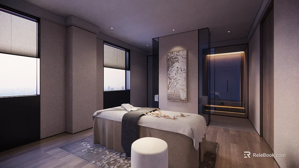 Minimalist SPA Sauna Interior Design With Massage Bed Towel And Wooden Floor 3d model 