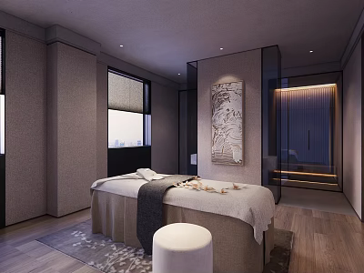 Minimalist SPA Sauna Interior Design With Massage Bed Towel And Wooden Floor 3d model