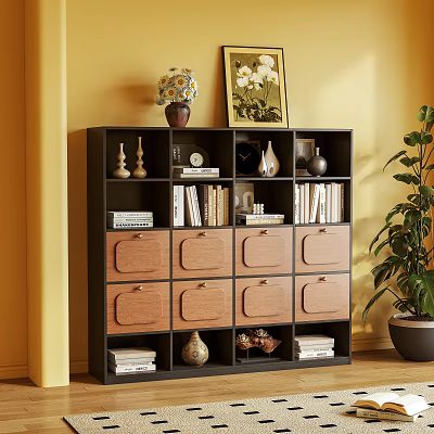 Modern Bookcase With Black Frame Brown Drawers Books Decorative Items And Potted Plant 3d model