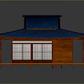 Traditional Japanese Building Model Featuring Blue Roof Wooden Structure And Shoji Doors