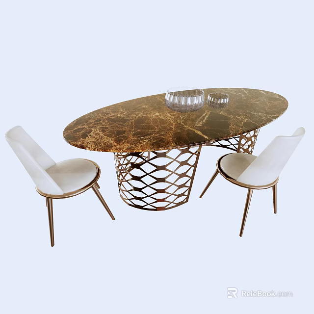 Contemporary Oval Dining Table Set Featuring Marble Top Geometric Metal Base White Padded Chairs 3d model