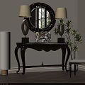 Elegant Entryway Console Table With Round Mirror Table Lamps And Elephant Figurine 3d model
