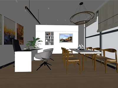 Modern Office Interior With Open Layout Work Desk Computer Green Plants Artwork And Chandelier 3d model