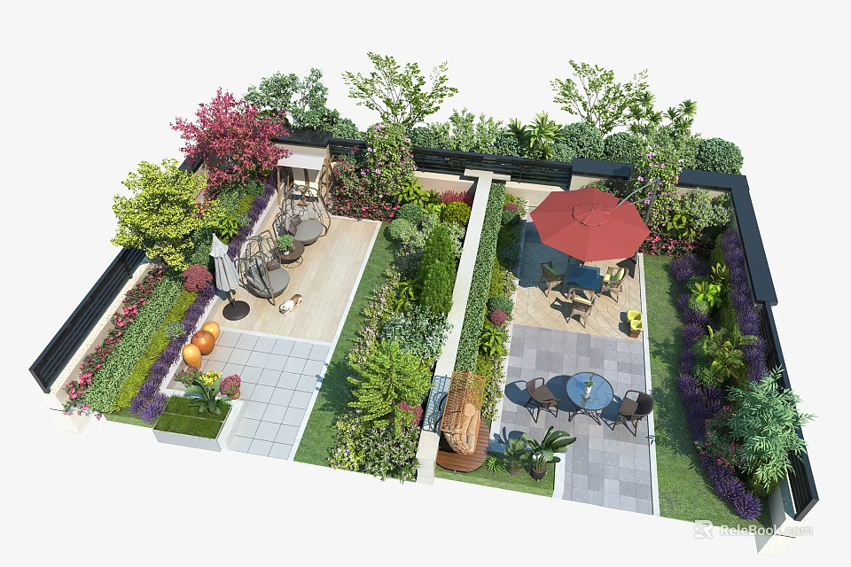 Courtyard Garden Landscape Design With Various Plants Seating Area Red Parasol And Paved Flooring 3d model 
