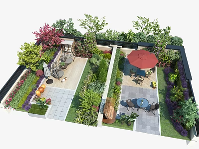 Courtyard Garden Landscape Design With Various Plants Seating Area Red Parasol And Paved Flooring 3d model