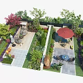 Courtyard Garden Landscape Design With Various Plants Seating Area Red Parasol And Paved Flooring