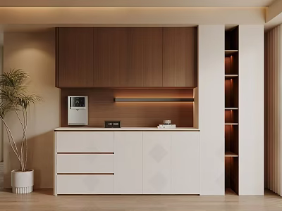 Modern Sideboard Design With Wooden Wall Cabinets LED Lighting Drawers And Potted Plant 3d model
