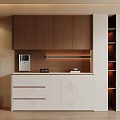 Modern Sideboard Design With Wooden Wall Cabinets LED Lighting Drawers And Potted Plant