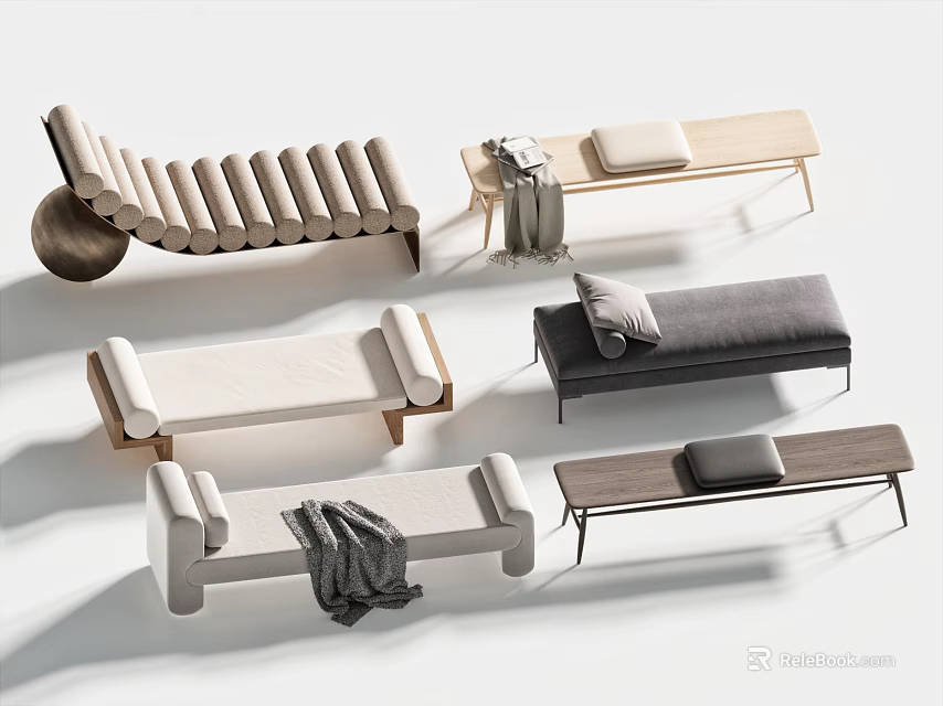 Stylish Modern Sofa Benches With Various Designs Upholstered Seats And Wooden Frames 3d model 