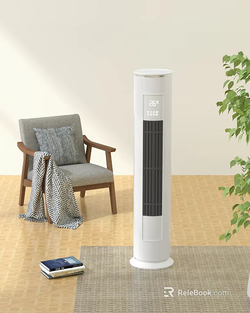 White Tower Air Cooler Fan in Indoor Room with Wooden Floor Gray Chair Green Plant 3d model 