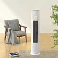 White Tower Air Cooler Fan in Indoor Room with Wooden Floor Gray Chair Green Plant