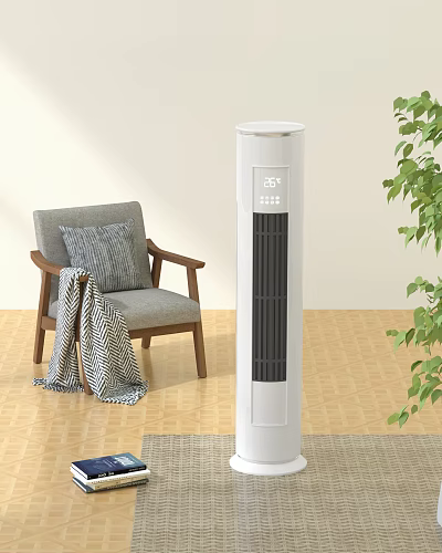 White Tower Air Cooler Fan in Indoor Room with Wooden Floor Gray Chair Green Plant 3d model