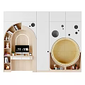 Modern White And Wooden Bookcase With Circular Cutouts Open Compartments Desk Area And Decorative Displays