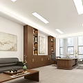 Modern Office Interior With Executive Desk Chairs Sofa Coffee Table Bookshelves And Wall Paintings 3d model