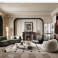 Elegant Living Room Interior With Green Sofa Black Armchair Beige Round Chair Fireplace Geometric Rug