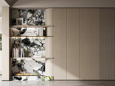 Modern Light Wood Decorative Cabinet With Marble Backdrop Open Shelves Holding Books And Decorative Items 3d model