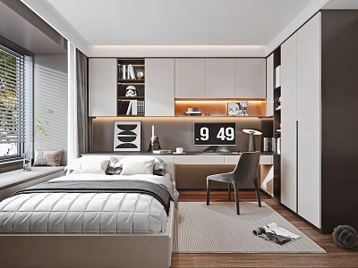 Modern Bedroom Interior Design With Bed Desk Chair Clock Window Curtains Rug And Plants 3d model