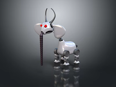 Elephant Shaped Metallic Robot With Red Eyes White Body And Spring Legs 3d model