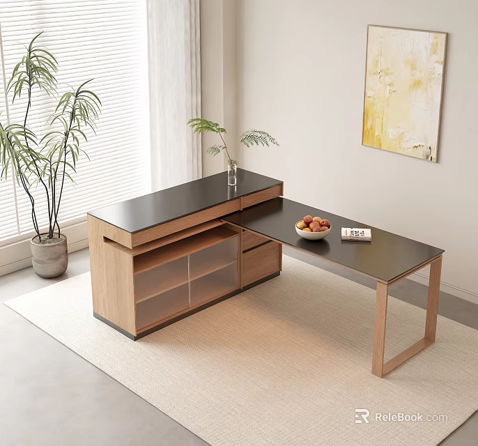 Modern Minimalist Dining Table Set With Black Tabletop Wooden Cabinet Plant And Painting 3d model 