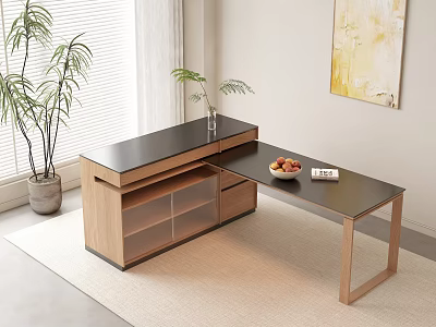 Modern Minimalist Dining Table Set With Black Tabletop Wooden Cabinet Plant And Painting 3d model