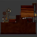 Elegant Mahogany Desk Setup With Bookshelves Table Lamp Magnifying Glass Folders And Papers