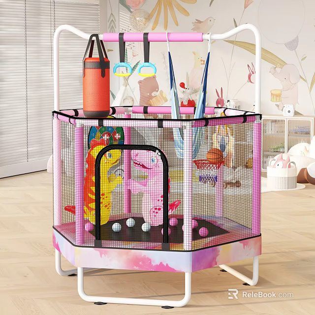 Pink Mesh Kids Bed Playpen With Ball Pit Cartoon Characters And Hanging Toys 3d model 