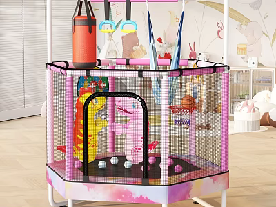 Pink Mesh Kids Bed Playpen With Ball Pit Cartoon Characters And Hanging Toys 3d model