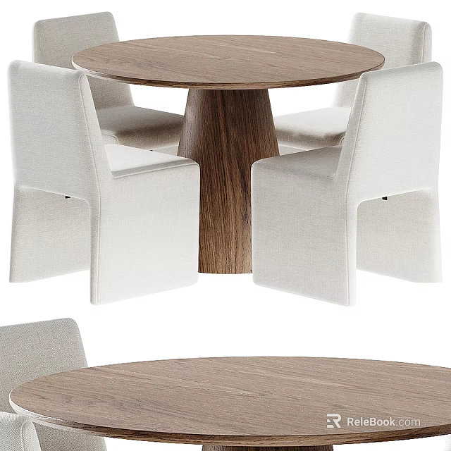 Modern Round Wooden Dining Table With White Fabric Chairs For Contemporary Home 3d model 