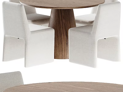 Modern Round Wooden Dining Table With White Fabric Chairs For Contemporary Home 3d model