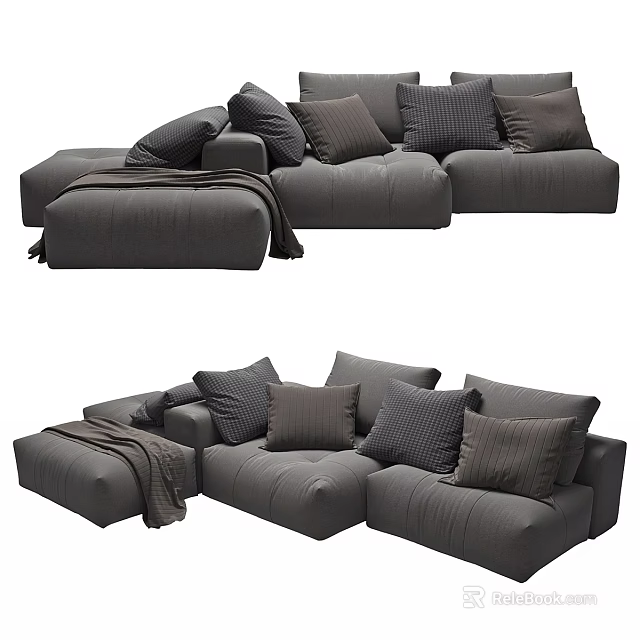 Modern Gray Sectional Sofa with Multiple Cushions Ottoman and Throw Blanket 3d model
