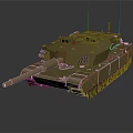 Golden Armored Military Tank with Long Barrel Tracks and Antenna on Reflective Surface