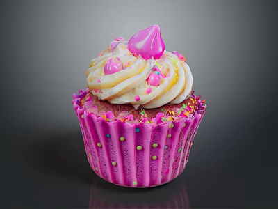 Sweet Pink Cupcake With Swirl Frosting And Colorful Sprinkles On Decorative Wrapper 3d model
