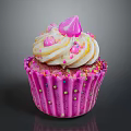 Sweet Pink Cupcake With Swirl Frosting And Colorful Sprinkles On Decorative Wrapper