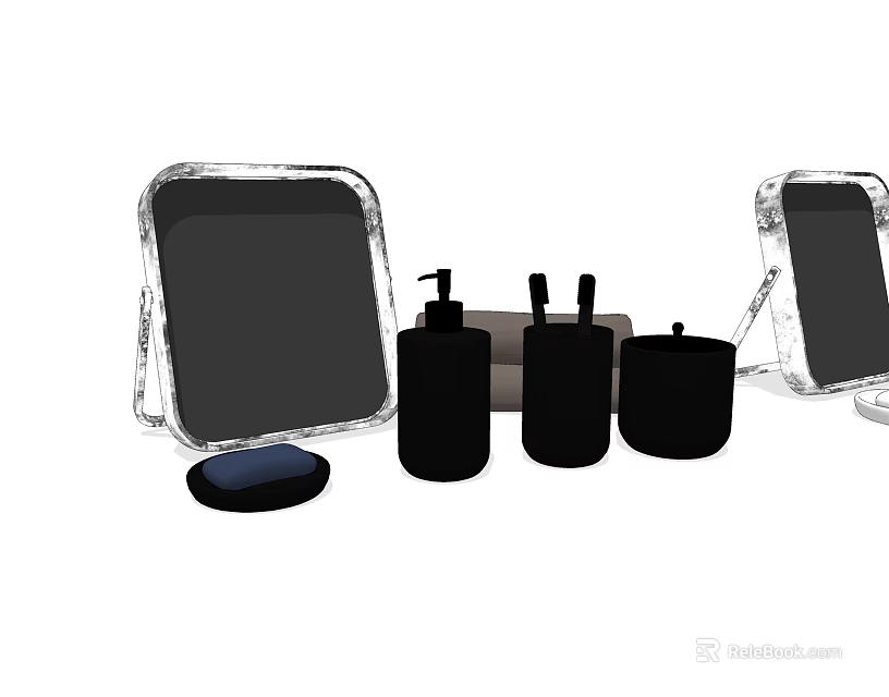 Elegant Bathroom Accessories with Square Mirrors Black Bottles and Containers 3d model 